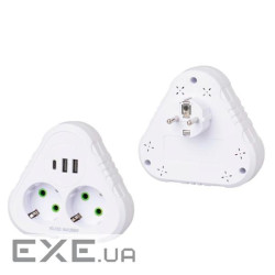 Розетка трійник із заземленням F203-White, 2 розетки+2USB+1Type-C, 2500W, 10A, 110-250V~Max, Blister +2USB+1Type-C, 2500