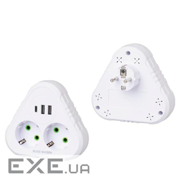 Розетка трійник із заземленням F203-White, 2 розетки+2USB+1Type-C, 2500W, 10A, 110-250V~Max, Blister +2USB+1Type-C, 2500