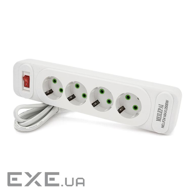 Мережевий фільтр F24, 4 розетки EU, кнопка включення з індикатором, 2 м, 3х0,75мм, 2500W (F24-White) , 2500W (F24-White)