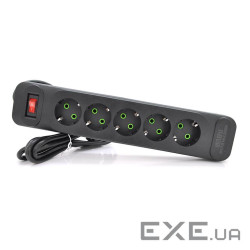 Мережевий фільтр F25, 5 розеток EU, кнопка включення з індикатором, 2 м, 3х0,75 мм, 2500 (F25-Black) , 2500 (F25-Black)