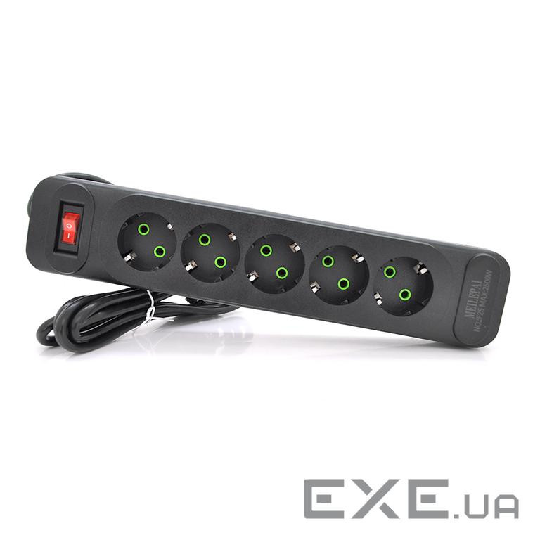 Мережевий фільтр F25, 5 розеток EU, кнопка включення з індикатором, 2 м, 3х0,75 мм, 2500 (F25-Black) , 2500 (F25-Black)