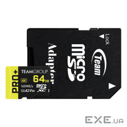 Карта памяти MicroSDXC 64GB UHS-I/U3 Class 10 Team Pro+ R160/W55MB/s + SD-адапт (TPPMSDX64GIA2V3003)
