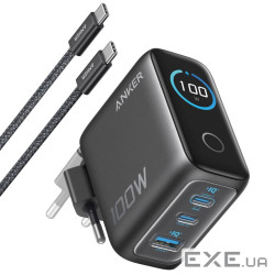 мережева зарядка ANKER GaN Charger 100W, 2xUSB-C PD & 1xUSB-A w Display and Cable (Dark G (B121BGZ1)