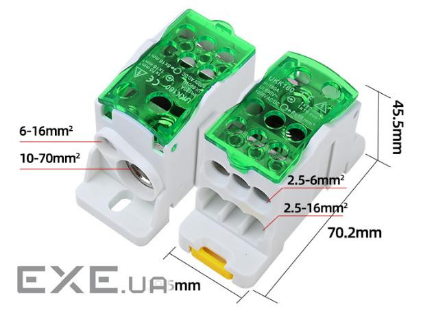 Паралельний розгалужувач-спліттер проводів UKK160, 6 виходів(латунь)6-2,5*16мм2 *1-10 (UKK160 GREEN) 2 *1-10 (UKK160 GRE