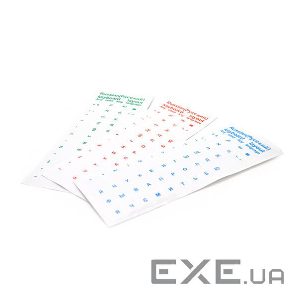 Наклейки на клавиатуру прозрачные с синими буквами Рус. Q100 (YT-KST / R-B blue) VOLTRONIC