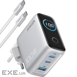 мережева зарядка ANKER GaN Charger 100W, 2xUSB-C PD & 1xUSB-A w Display and Cable (Silver (B121BG41)