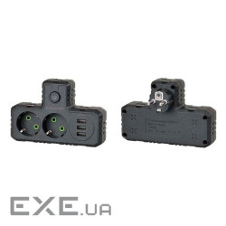 Розетка трійник Т-подібний із заземленням F302-Black, 2 розетки+3USB(1А), 2500W, 10A, 110-250V~Max, ), 2500W, 10A, 110-2