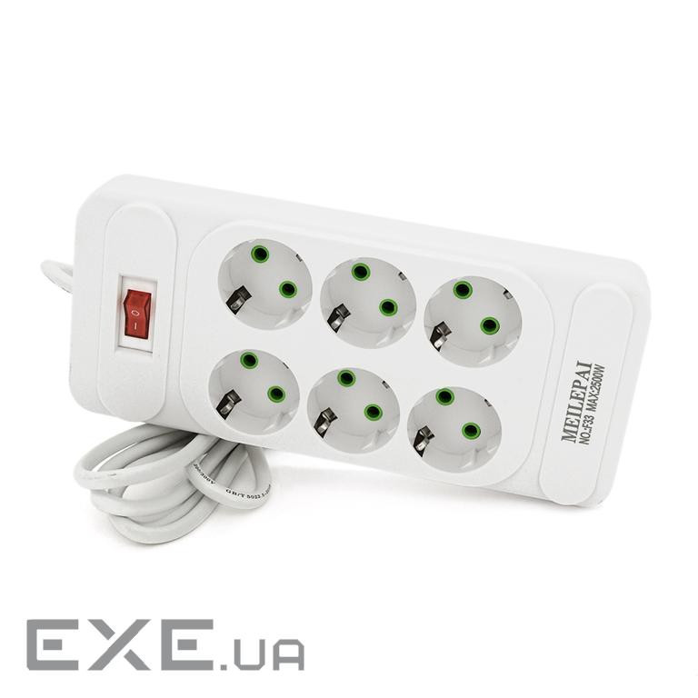 Мережевий фільтр F33, 6 розеток EU, кнопка включення з індикатором, 2 м, 3х0,75 мм, 2500 (F33-White) , 2500 (F33-White)