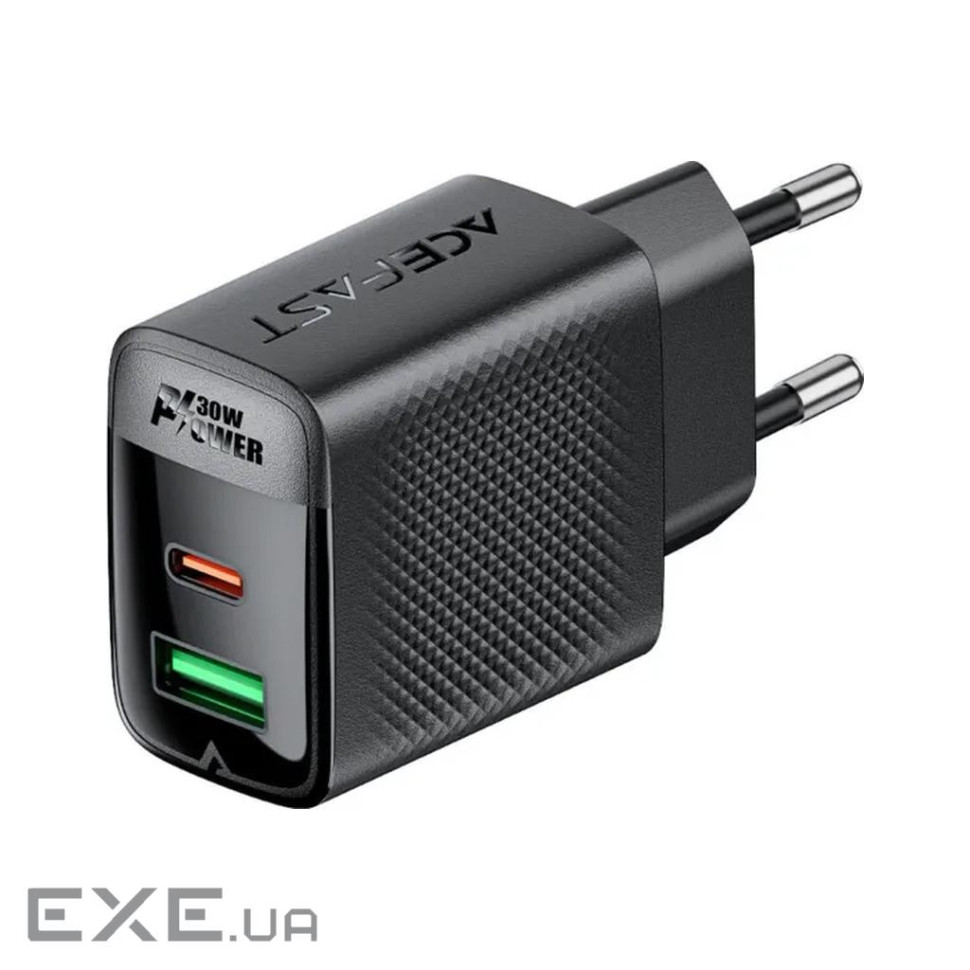 Зарядний пристрій Acefast 2xUSB 30W (USB-C+USB-A) Gan A98 Black (6974316283263)