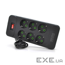 Мережевий фільтр F33, 6 розеток EU, кнопка включення з індикатором, 2 м, 3х0,75 мм, 2500 (F33-Black) , 2500 (F33-Black)