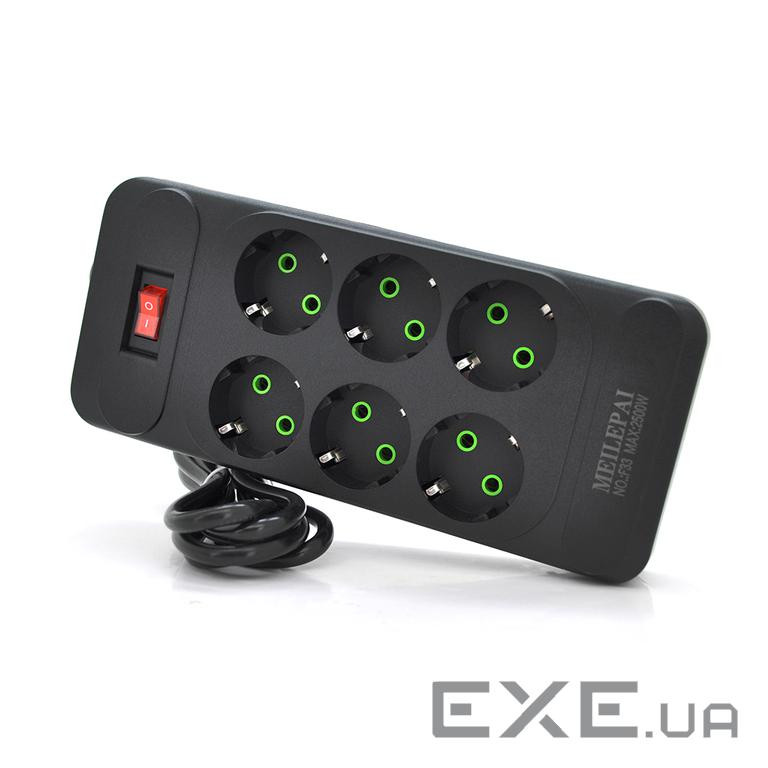 Мережевий фільтр F33, 6 розеток EU, кнопка включення з індикатором, 2 м, 3х0,75 мм, 2500 (F33-Black) , 2500 (F33-Black)