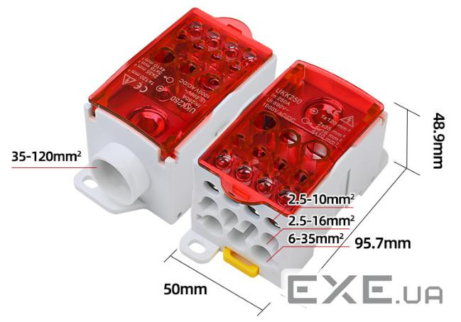 Паралельний розгалужувач-спліттер проводів UKK250, 11виходів(латунь)5-2,5*16мм2*1-35-12 (UKK250 RED) 2*1-35-12 (UKK250 R