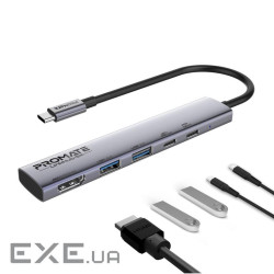 Концентратор USB Type-C Promate LinkHub-5x 5 in 1 Grey