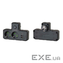 Розетка трійник Т-подібний із заземленням F303-Black, 2 розетки+2USB+1Type-C, 2500W, 10A, 110-250V~M +2USB+1Type-C, 2500