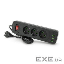 Мережевий фільтр F23U, 3 розетки EU +3 USB + PD, кнопка включення з індикатором, 2 м, 3 (F23U-Black) , 3 (F23U-Black)