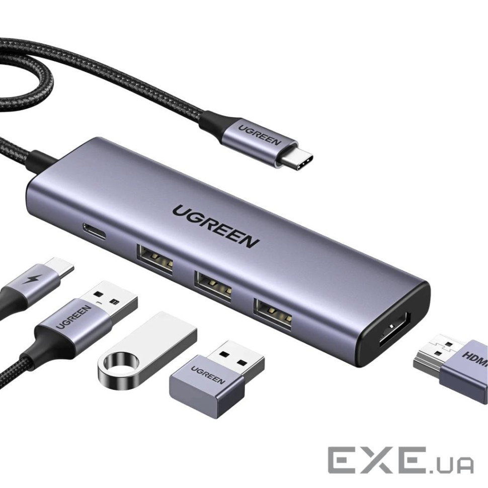 Концентратор UGREEN USB-C to HDMI + 3xUSB 3.0 + PD CM511 gray (15596)