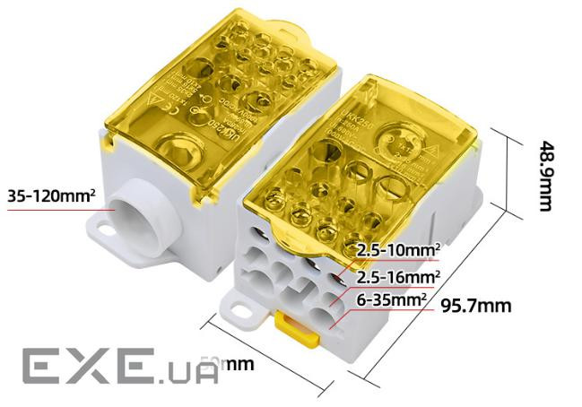 Паралельний розгалужувач-спліттер проводів UKK250, 11виходів(латунь)5-2,5*16мм2*1-35 (UKK250 YELLOW) 2*1-35 (UKK250 YELL