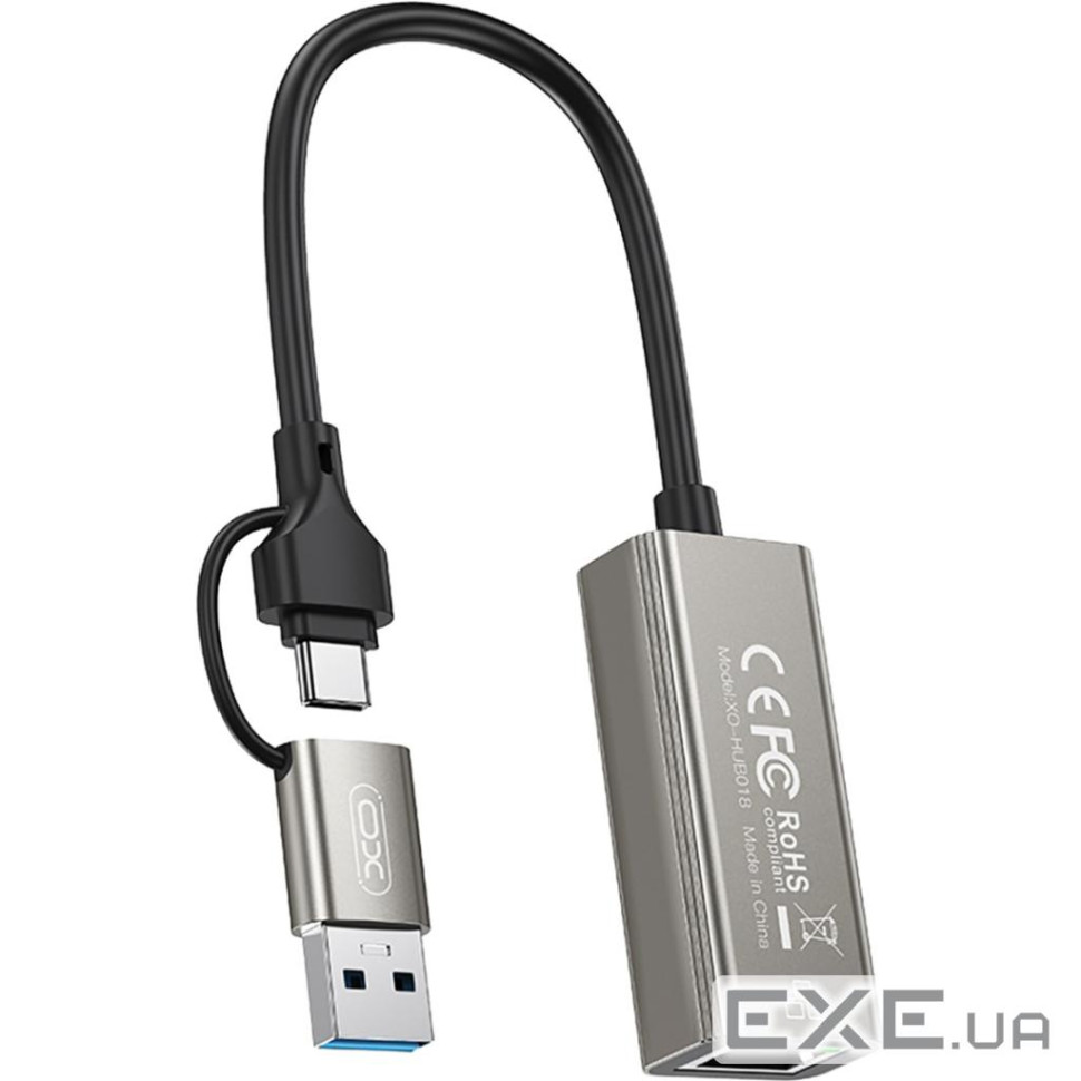 Адаптер USB-C + USB A to RJ45 Ethernet 100Mbps XO (HUB018.black)