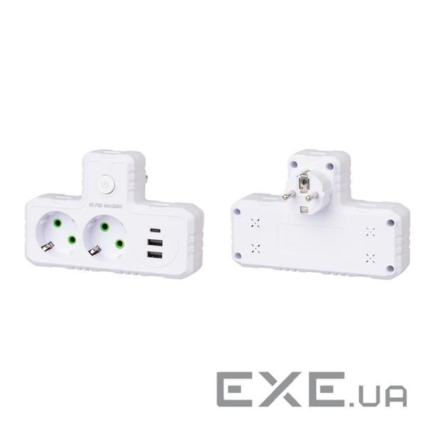 Розетка трійник Т-подібний із заземленням F303-White, 2 розетки+2USB+1Type-C, 2500W, 10A, 110-250V~M +2USB+1Type-C, 2500