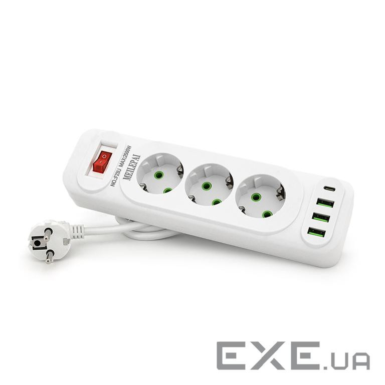 Мережевий фільтр F23U, 3 розетки EU+3 USB+PD, кнопка включення з індикатором, 2 м, 3х0, (F23U-White) 0, (F23U-White)