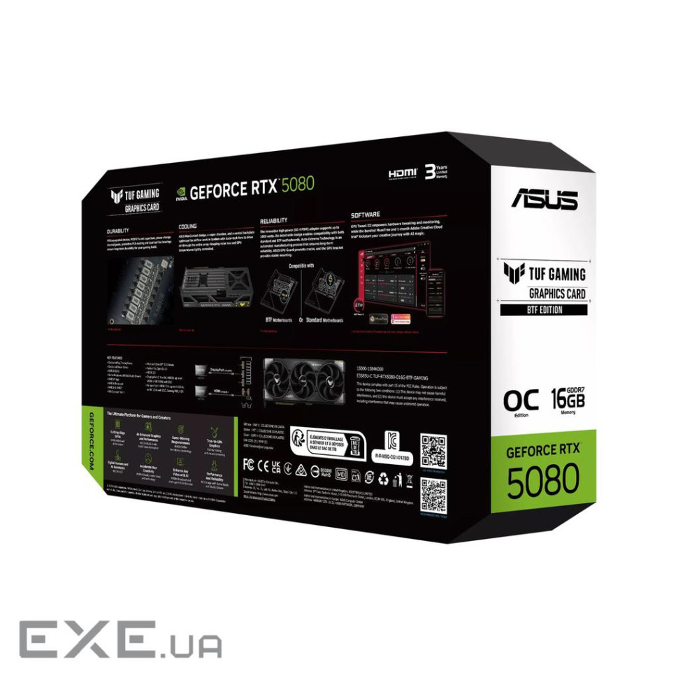 Видеокарта GF RTX 5080 16GB GDDR7 TUF Gaming BTF OC Asus (TUF-RTX5080-O16G-BTF-GAMING)