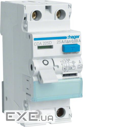 Диференційне реле 2P, 6kA, 25A,30mA, A Hager CDA225D