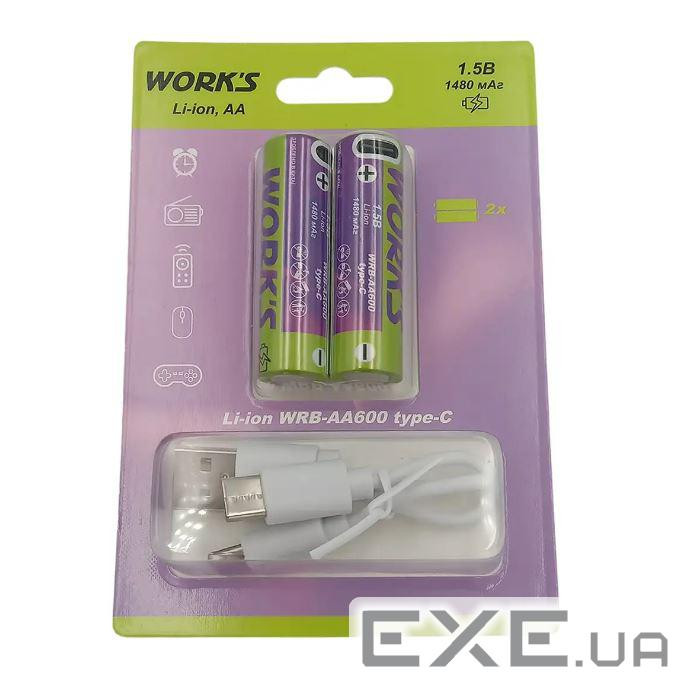 Акумуляторные батарейки Li-ion WRB AA600, тип АА, 1.5V, ype-c, 1480mAh, блістер 2шт (WRBAA600)