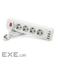 Мережевий фільтр F24U, 4 розетки EU+3 USB+PD, кнопка включення з індикатором, 2 м, 3х0, (F24U-White) 0, (F24U-White)