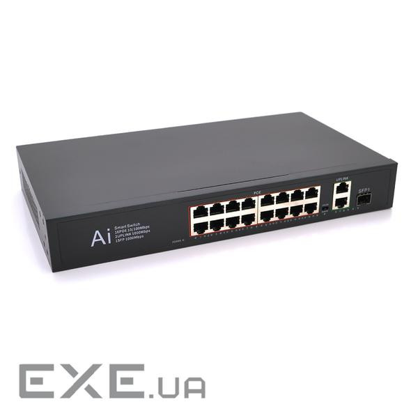 POE комутатор Merlion 16 POE 10 / 100 + 1 Single Fiber Tx 1310nm 20km + 2 RJ45 10 / 100 (BT-D6018FE)