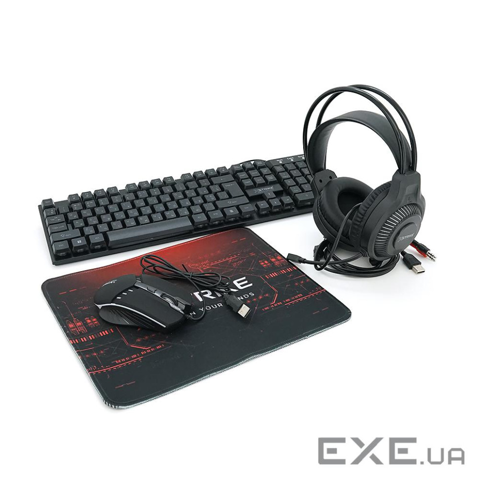 Набір 4 в 1 XSTRIKE XS-2030, Навушники+ клавіатура+ мишка+ килимок, Black, Box