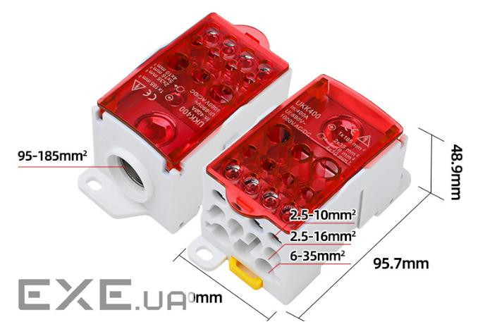 Паралельний розгалужувач-спліттер проводів UKK400, 11виходів(латунь)4-2,5*10мм2*1-95-18 (UKK400 RED) 2*1-95-18 (UKK400 R