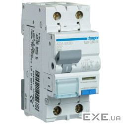 Диференціальний автоматичний вимикач Hager 1-п.+N 32A B 30mA (6kA) A (B) (ADA932D)