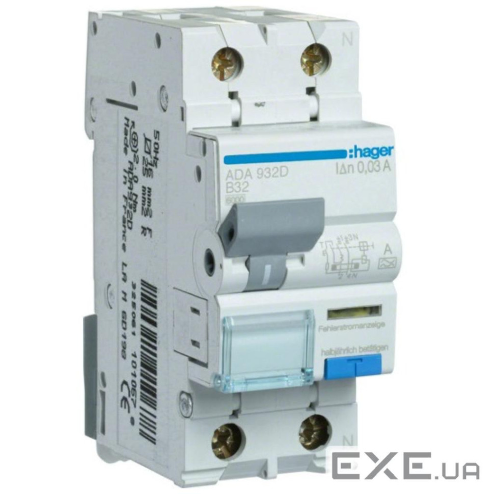 Диференціальний автоматичний вимикач Hager 1-п.+N 32A B 30mA (6kA) A (B) (ADA932D)