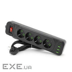 Мережевий фільтр F24U, 4 розетки EU+3 USB+PD, кнопка включення з індикатором, 2 м, 3х0, (F24U-Black) 0, (F24U-Black)