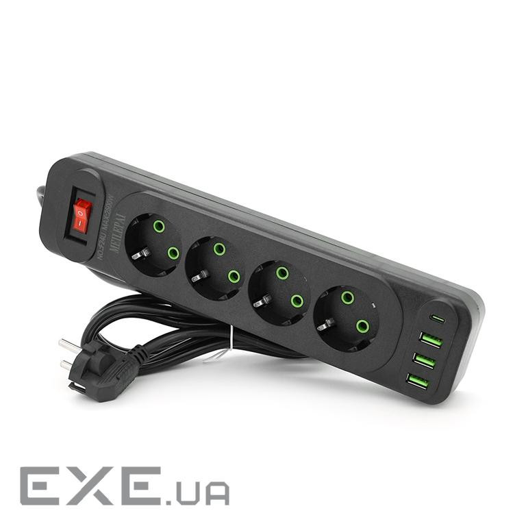 Мережевий фільтр F24U, 4 розетки EU+3 USB+PD, кнопка включення з індикатором, 2 м, 3х0, (F24U-Black) 0, (F24U-Black)