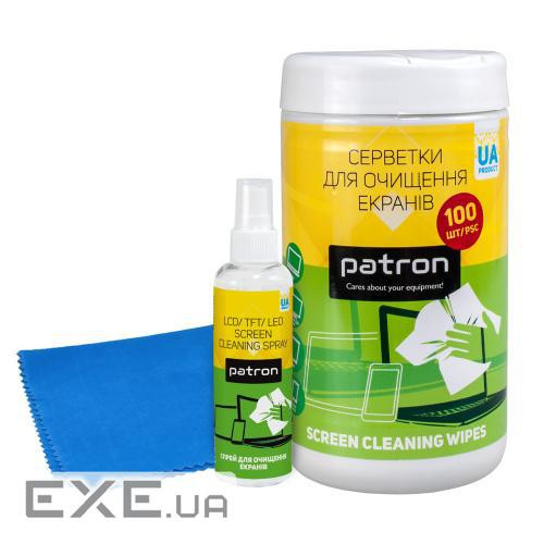 Набір Patron для екранів, що чистить: серветки в тубі (100 шт), спрей 100 мл, мікрофіб (CS-PN-BUNDL-13)