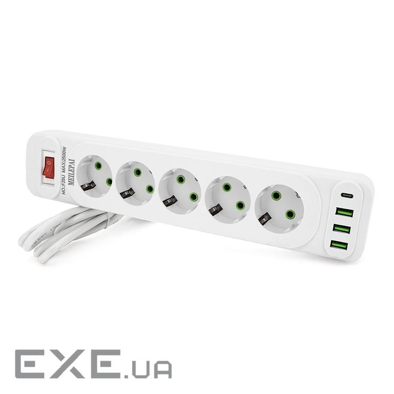 Мережевий фільтр F25U, 5 розеток EU+3 USB+PD, кнопка включення з індикатором, 2 м, 3х0, (F25U-White) 0, (F25U-White)