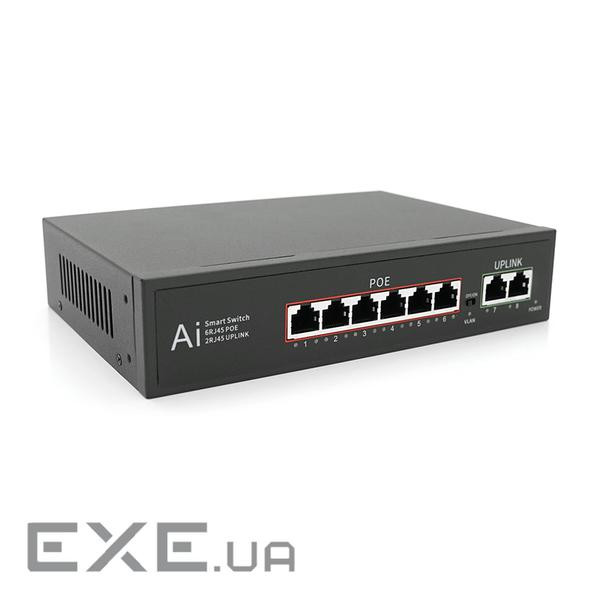 POE комутатор Merlion 6 POE 10/100 + 2 RJ45 10/100 вбудований блок живлення 52V 1.45 (BT-D60046)