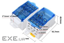 Паралельний розгалужувач-спліттер проводів UKK500, 11виходів(латунь)4-2,5*10мм2*1-3-15 (UKK500 BLUE) 2*1-3-15 (UKK500 BL