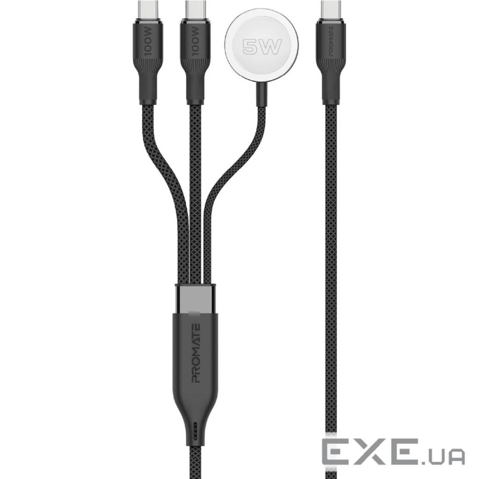 Дата кабель USB-C to 2xUSB-C 100W + Apple Watch 5W 1.4m FUSION-CCW black Promate (fusion-ccw.black)