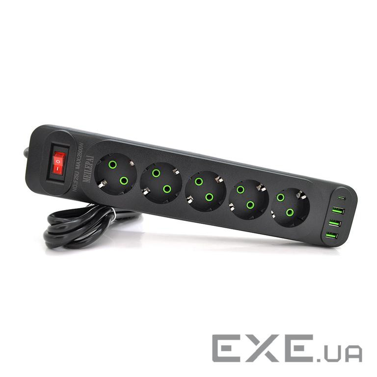 Мережевий фільтр F25U, 5 розеток EU+3 USB+PD, кнопка включення з індикатором, 2 м, 3х0, (F25U-Black) 0, (F25U-Black)