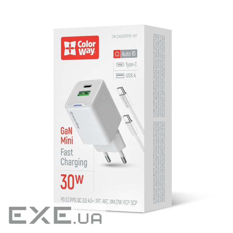 Мережевий зарядний пристрій ColorWay, White, 30 Вт , GaN, 1xType-C (PD3.0) / 1xUSB (CW-CHS053PDC-WT)
