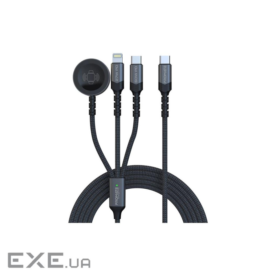 Кабель Promate USB Type-C - USB Type-C (M/M) Lightning 27W 60W Apple MagSafe 1 (icharge-trio.black)