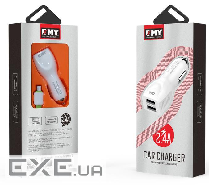 Автомобільний зарядний пристрій EMY, White, 2xUSB, 2.4A, кабель USB <-> iPhone5 (MY-112 White)