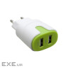 Зарядний пристрій Patron 2xUSB 2.0 2A/1A white/green (PN-2USB-220V-G)