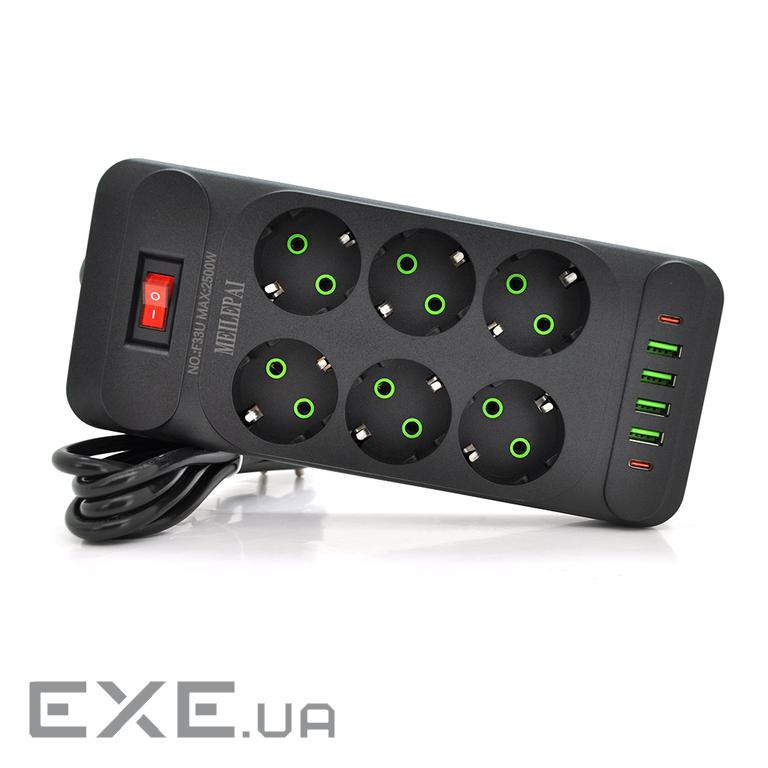 Мережевий фільтр F33U, 6 розеток EU + 4 USB + 2 PD, кнопка включення з індикатором, 2 м (F33U-Black) (F33U-Black)