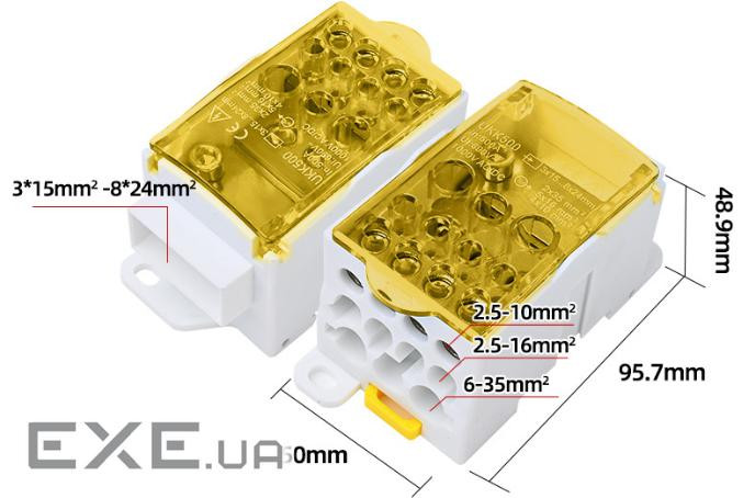 Паралельний розгалужувач-спліттер проводів UKK500, 11виходів(латунь)4-2,5*10мм2*1-3- (UKK500 YELLOW) 2*1-3- (UKK500 YELL