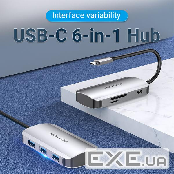 Концентратор Vention USB3.1 Type-C --> USB 3.0x3/SD/TF/PD 100W Hub 6-in-1 (TNHHB)