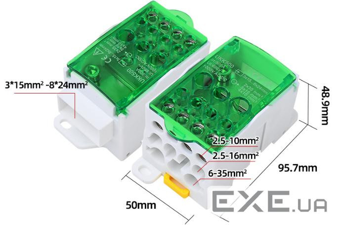 Паралельний розгалужувач-спліттер проводів UKK500, 11виходів(латунь)4-2,5*10мм2*1-3-1 (UKK500 GREEN) 2*1-3-1 (UKK500 GRE