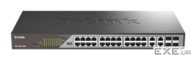 Комутатор D-Link DSS-200G-28MP 24xGE PoE, 4xSFP/GE, 370W, Некерований